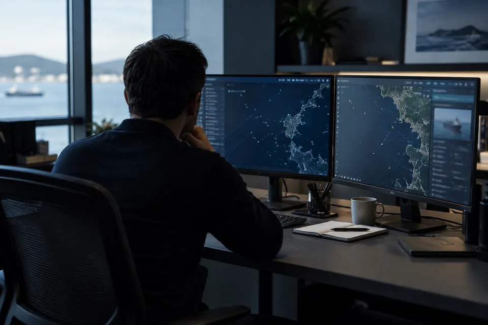 Generated visual of a maritime analyst studying coastal data on workstation screens