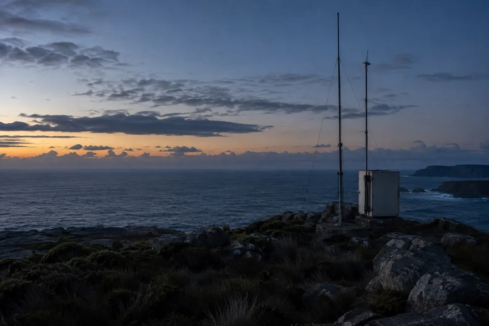 Generated visual of an unbranded coastal sensor installation overlooking the ocean